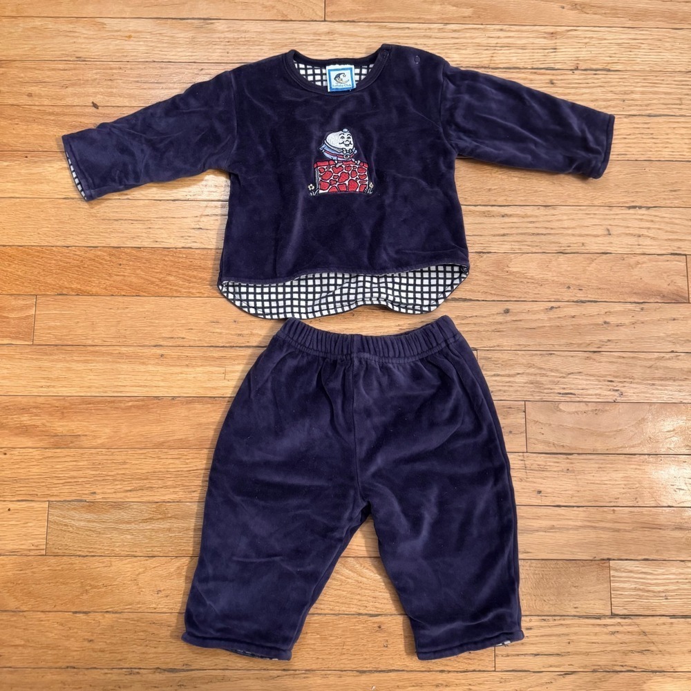Vintage Lullaby Club Navy Velour Humpty Dumpty Set 3/6M Infant‎ Top Pants Blue